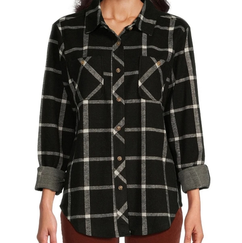 Westbound Woman Black and White Plaid Button-Up Shirt, 3x